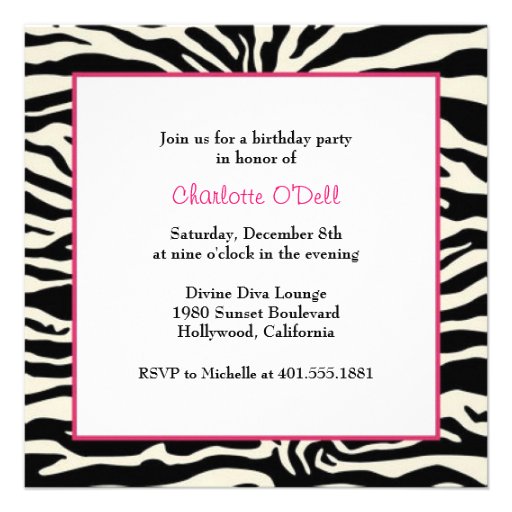 zebra print birthday party personalized invitations (front side)