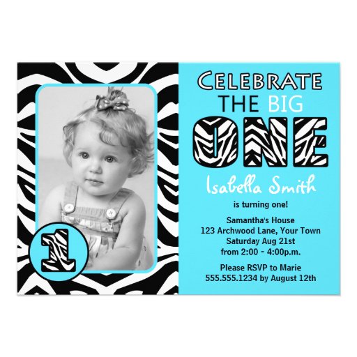 Zebra Print Blue First Birthday Personalized Invitation