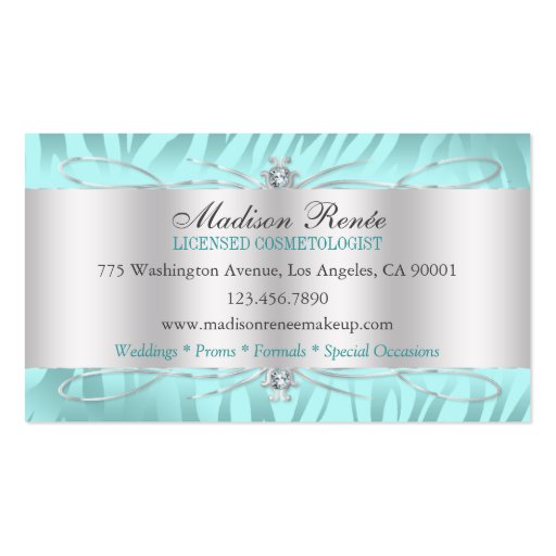 Zebra Print Blue Ice Glitter Cosmetologist Business Card (back side)