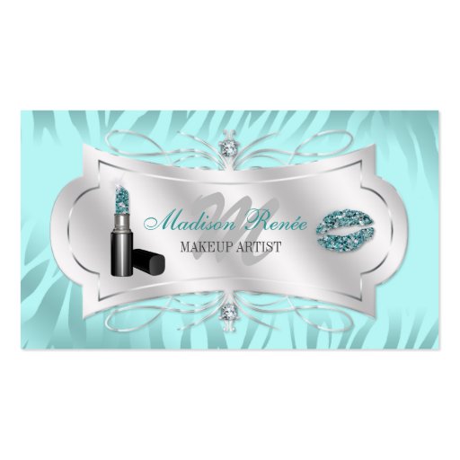 Zebra Print Blue Ice Glitter Cosmetologist Business Card (front side)