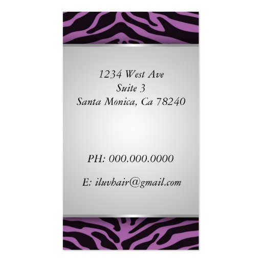 Zebra Print Cosmetology Business Card (Lavender) (back side)