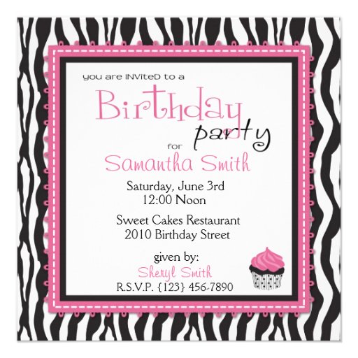 Zebra Print & Cupcake Birthday Personalized Invitation
