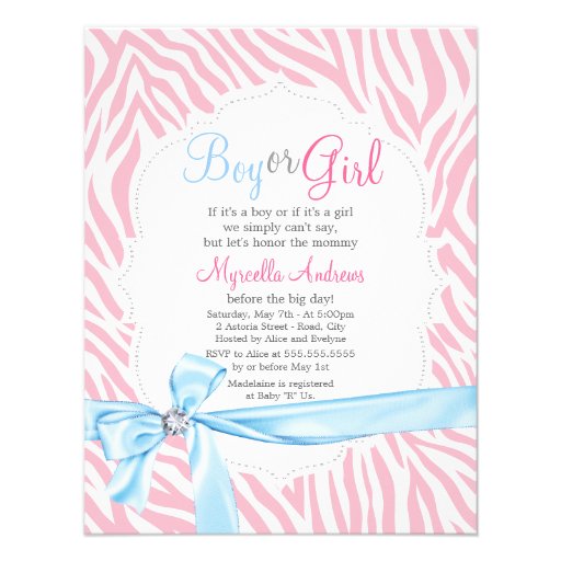 Zebra Print & Diamond Girl or Boy Baby Shower Personalized Announcement (front side)