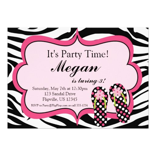 Zebra Print Flip Flop Birthday Party Invitation