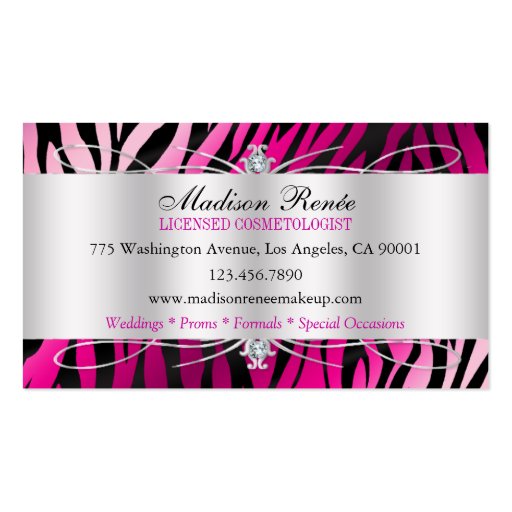 Zebra Print Fuchsia Black Glitter Cosmetology Business Card Template (back side)