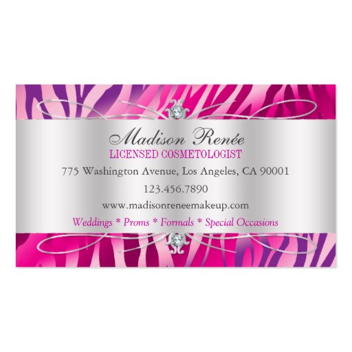 Zebra Print Fuchsia Lavender Glitter Cosmetologist Business Cards (back side)