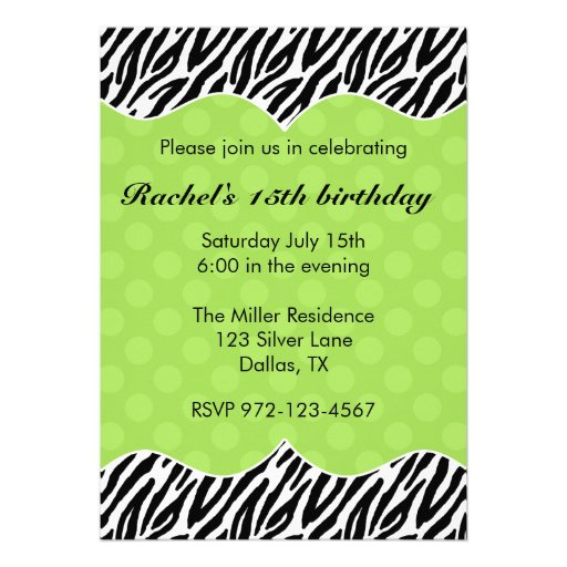 Zebra Print Green Dot Invitations Announcements