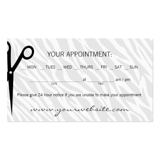 Zebra Print Hair & Beauty Appointment Card Business Card Templates (back side)