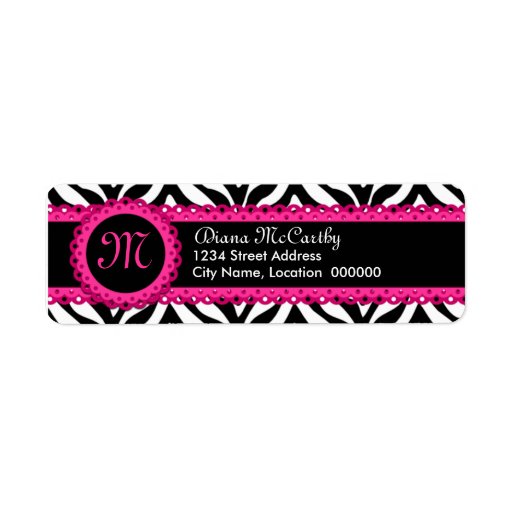 Zebra Print & Hot Pink Lace Monogram Custom Return Address Label