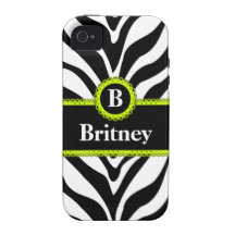 Zebra Print Lime Green Lace Monogram Name iPhone 4 Cases