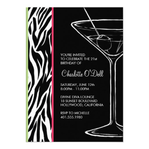 zebra print martini birthday party custom announcements