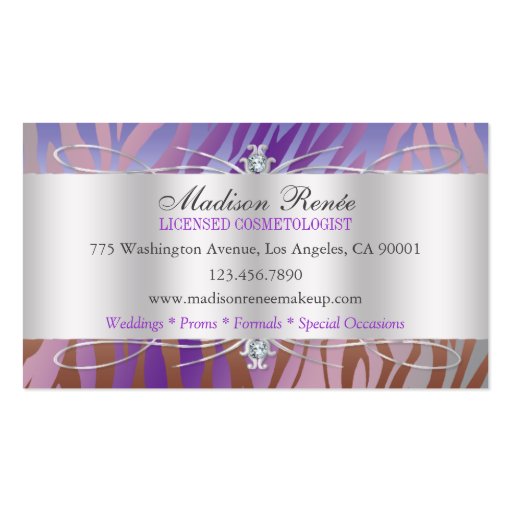 Zebra Print Mocha Lavender Glitter Cosmetologist Business Card Template (back side)