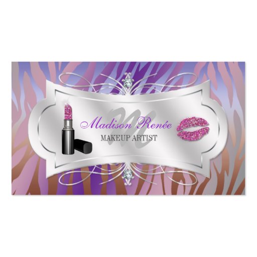 Zebra Print Mocha Lavender Glitter Cosmetologist Business Card Template