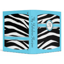 Zebra Print Monogram Aqua Blue Recipe Binder