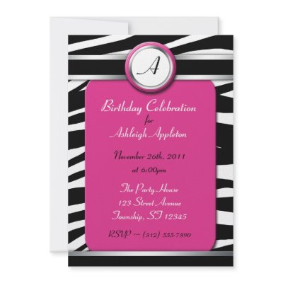 Zebra Print Monogram Fuchsia Birthday Invitations by Birthday_Delight