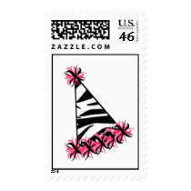Zebra Print & Pink Birthday Party Hat Postage Stamps