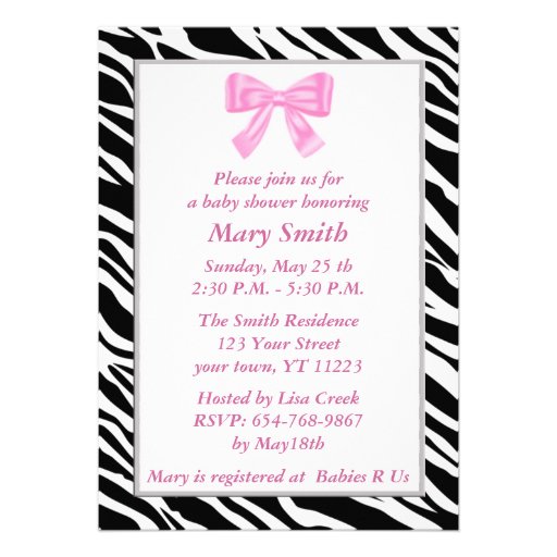 Zebra Print Pink Bow Baby Shower Invitation