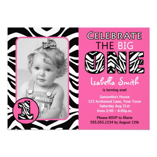Zebra Print Pink Girls First Birthday Invite (front side)
