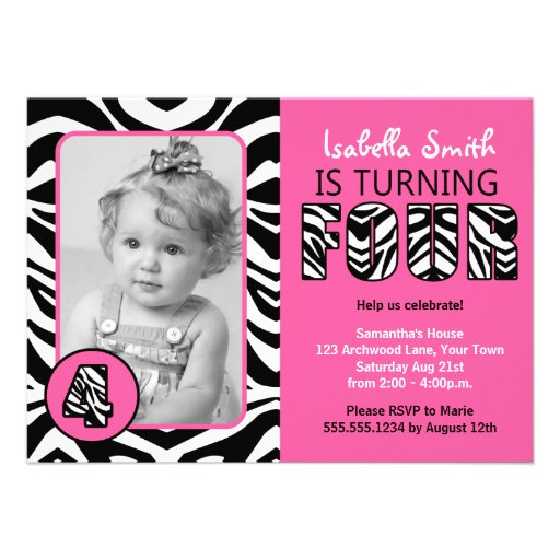 Zebra Print Pink Girls Forth Birthday Personalized Invitation