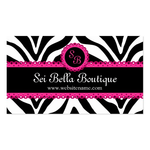 Zebra Print & Pink Lace Monogram Business Cards (front side)