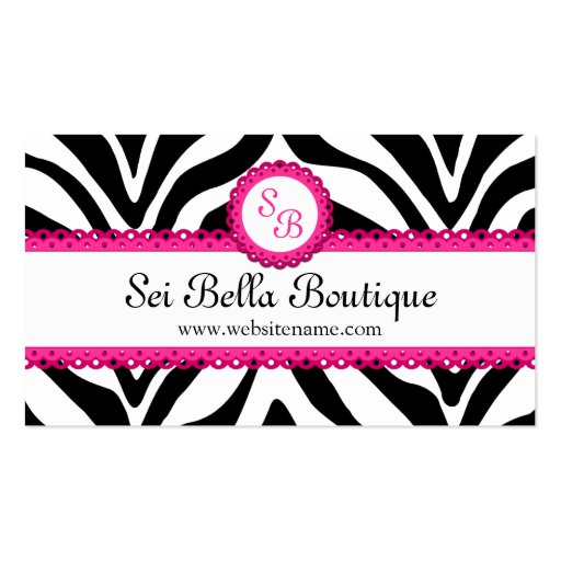 Zebra Print & Pink Lace Monogram Business Cards (front side)