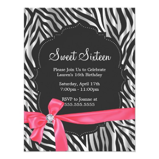 Zebra Print Pink Ribbon & Diamond Fashion Sixteen Invitations