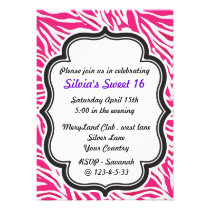 Zebra Print pink sweet sixteen invitation invitations