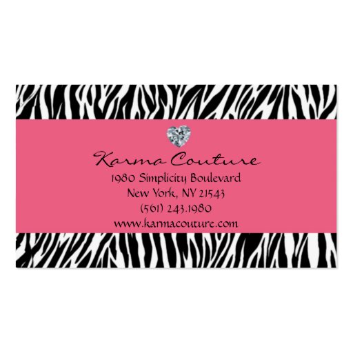 zebra print pink w/ heart shaped diamond business card (front side)