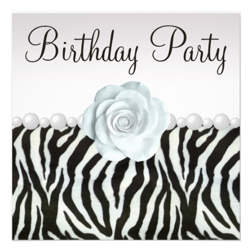 Zebra Print & Printed Pearls & Rose Birthday Party Personalized Invitation
