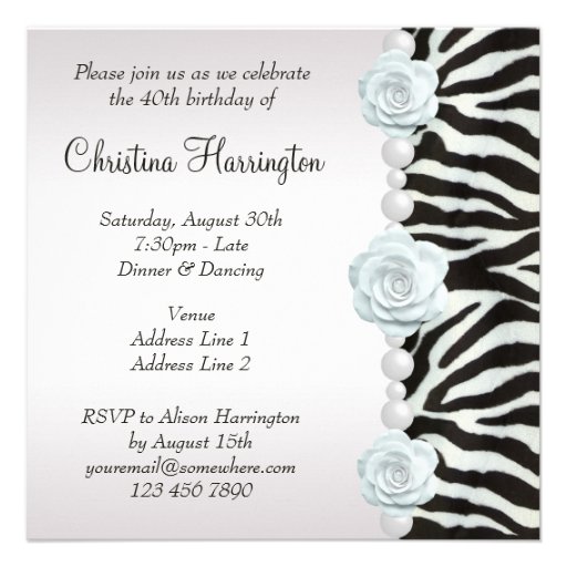 Zebra Print & Printed Pearls & Rose Birthday Party Personalized Invitation
