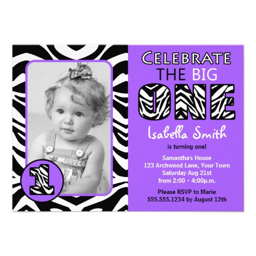 Zebra Print Purple Girls First Birthday Personalized Invitations