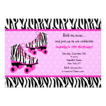Zebra Print Roller Skates Birthday Invitations