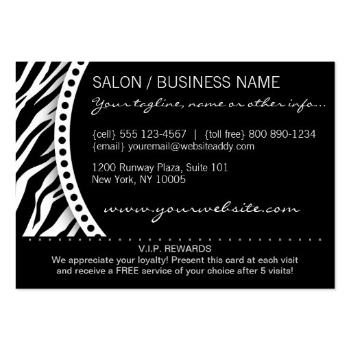 Zebra Print Salon Loyalty Rewards Card Business Card Template (back side)