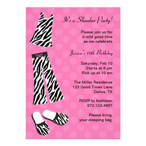 Zebra Print Slumber Party Invitations (front side)