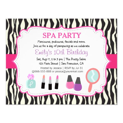 Zebra Print Spa Birthday Party Invitation Personalized Announcement