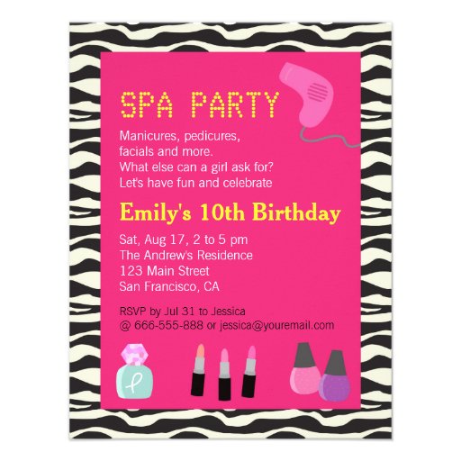 Zebra Print, Spa Party, For Girls Custom Announcement