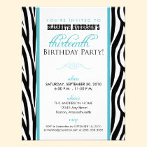 Zebra Print Sweet 13 Party Invitation (aqua) invitations