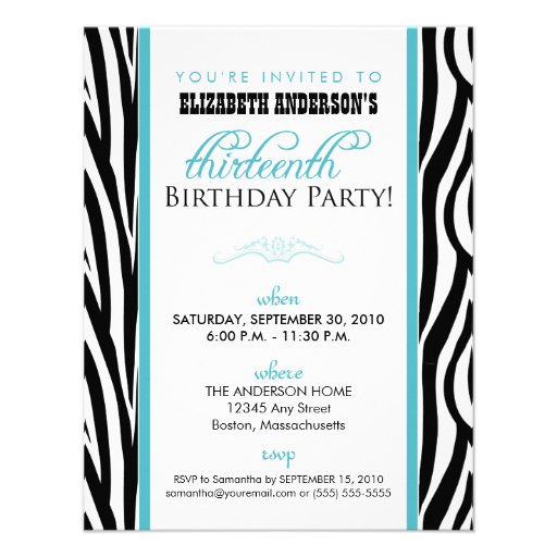 Zebra Print Sweet 13 Party Invitation (aqua)