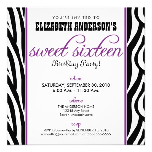 Zebra Print Sweet 16 Party Invitation (purple)