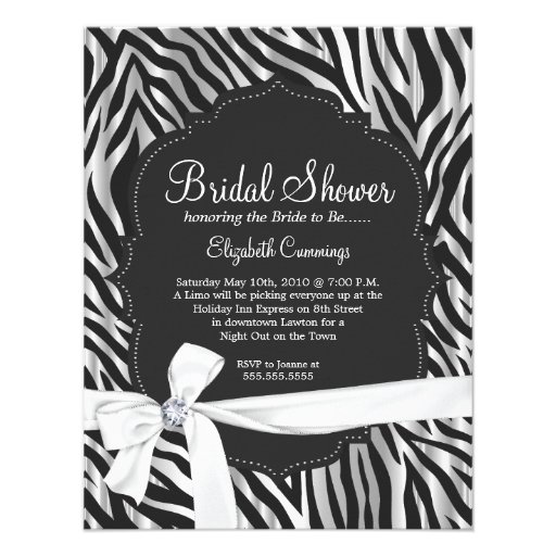 Zebra Print White Ribbon & Diamond Fashion Bridal Personalized Invites
