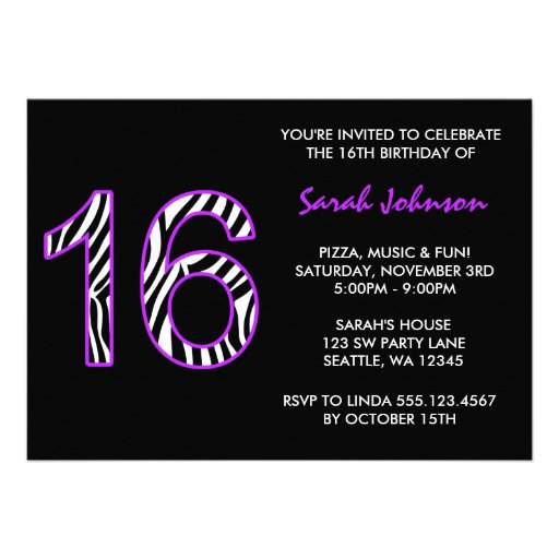 Zebra Purple and Black Sweet 16 Birthday Announcement