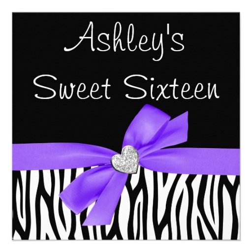 Zebra Purple Bow Diamond Sweet 16 Invitations