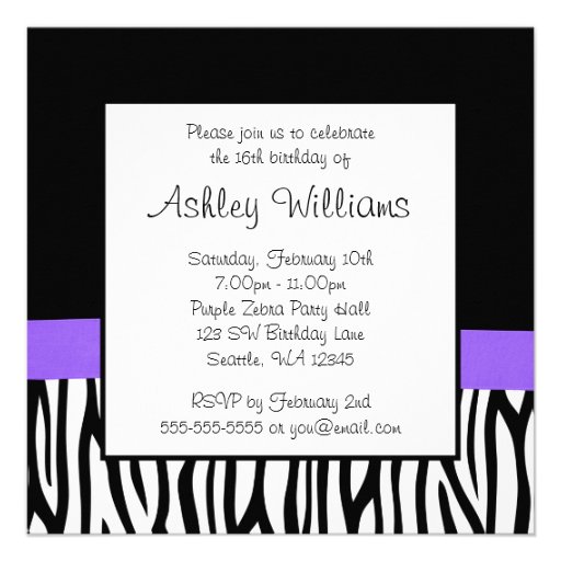 Zebra Purple Bow Diamond Sweet 16 Invitations