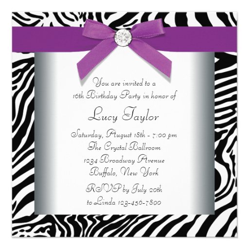 Zebra Purple Bow Purple Zebra Sweet 16 Birthday Custom Invitation