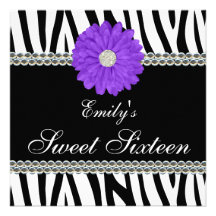 Zebra Purple Daisy Gems Sweet 16 Birthday Announcement