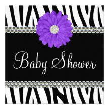 Zebra Purple Daisy Printed Gems Baby Shower Invitations