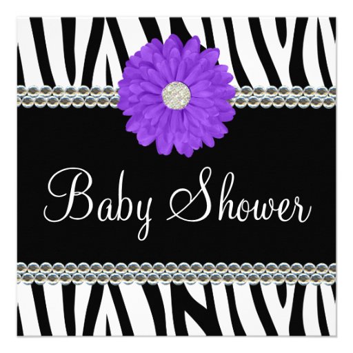 Zebra Purple Daisy Printed Gems Baby Shower Invitations