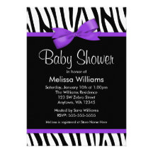 Zebra Purple Printed Bow Baby Shower Custom Announcement