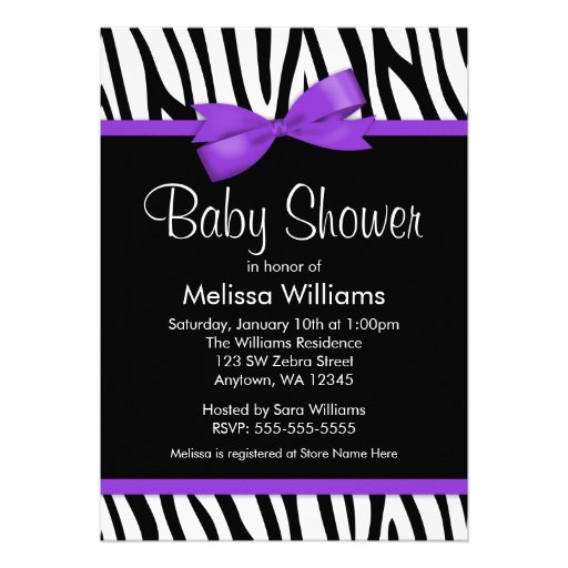 Zebra Purple Printed Bow Baby Shower Custom Announcement (front side)