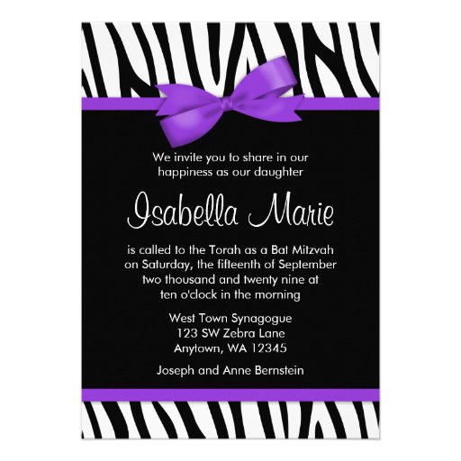 Zebra Purple Printed Bow Bat Mitzvah Invitations